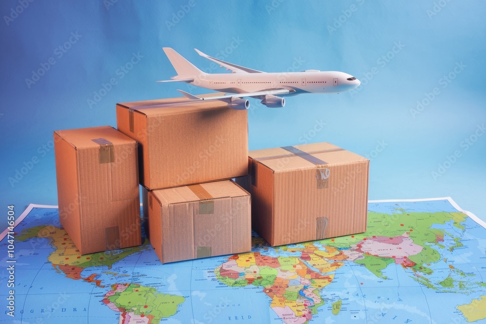 Poster a toy airplane flies over cardboard boxes on a world map symbolizing global shipping and trade.