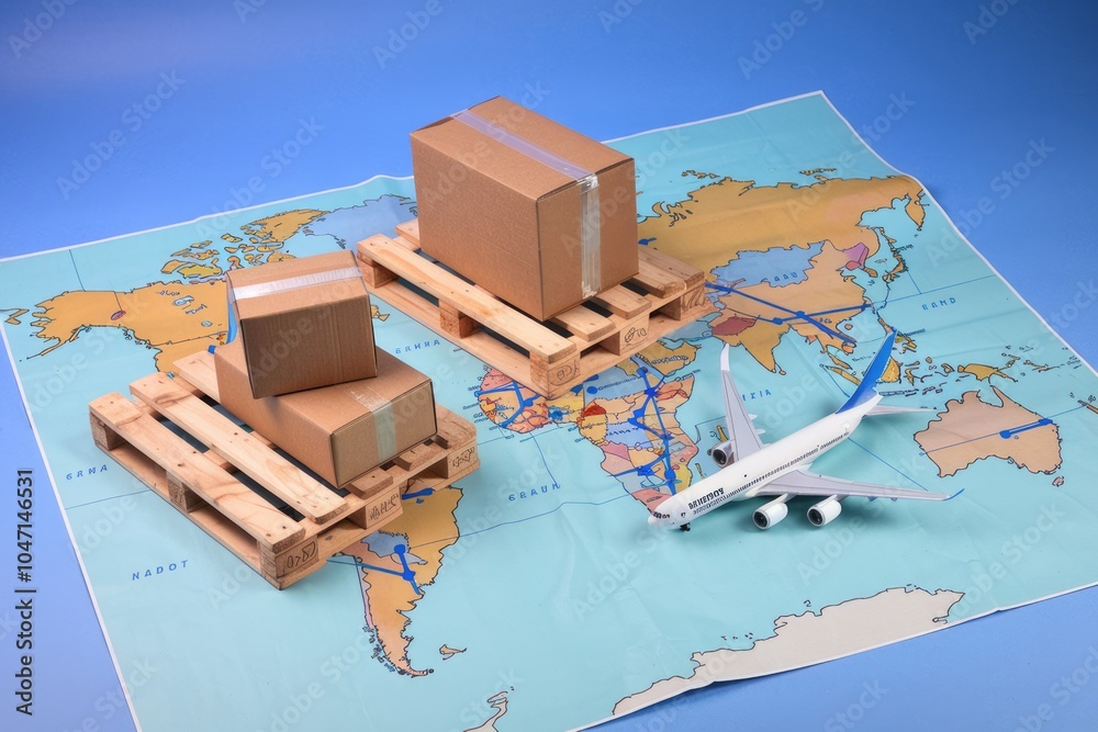 Poster packages on pallets ready for global shipment by plane