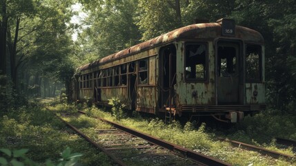 Obraz premium Abandoned Rusty Train Car in a Forest Clearing
