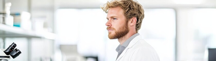 Obraz premium A focused scientist in a laboratory setting, wearing a lab coat, engaged in research and experiments with scientific equipment.