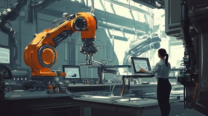 Fototapeta premium Young female engineer at a robotic technology startup closely monitors the performance of an autonomous robotic arm in a state-of-the-art manufacturing facility.