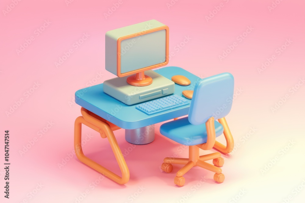 Poster A 3D rendering of a simple computer desk with a chair.