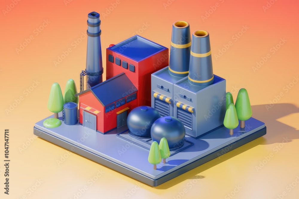 Poster a 3d isometric illustration of a factory with smokestacks and trees.