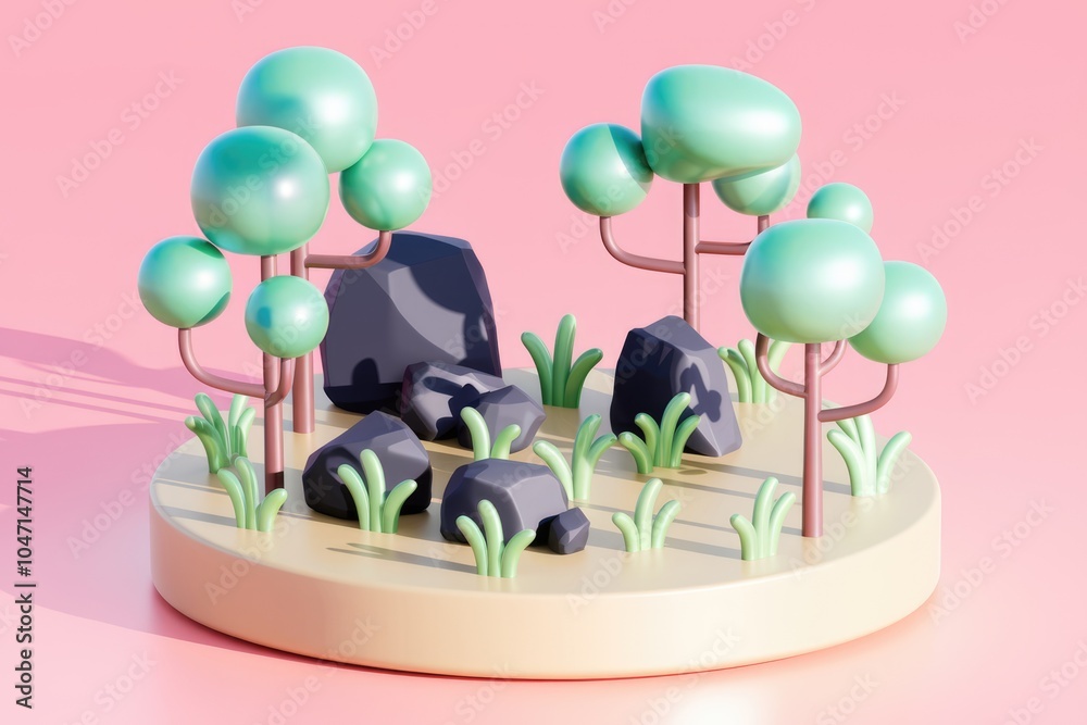 Poster A 3D rendering of a small  stylized forest with green trees and gray rocks on a circular base.