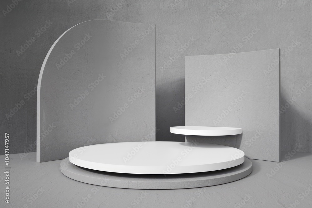 Poster A minimalist product display with white circular platforms and gray walls.