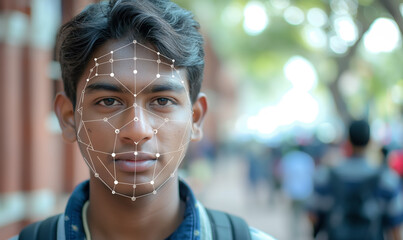 Biometric Facial Recognition of Indian Man with AI Mapping Lines, Security and Identification Concept