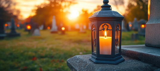 Soft glow of candles in glass lanterns, cemetery scene