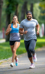 Young Indian Couple in Sportswear Running Together in Park with Green Background and Copy Space