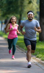 Young Indian Couple in Sportswear Running Together in Park with Green Background and Copy Space