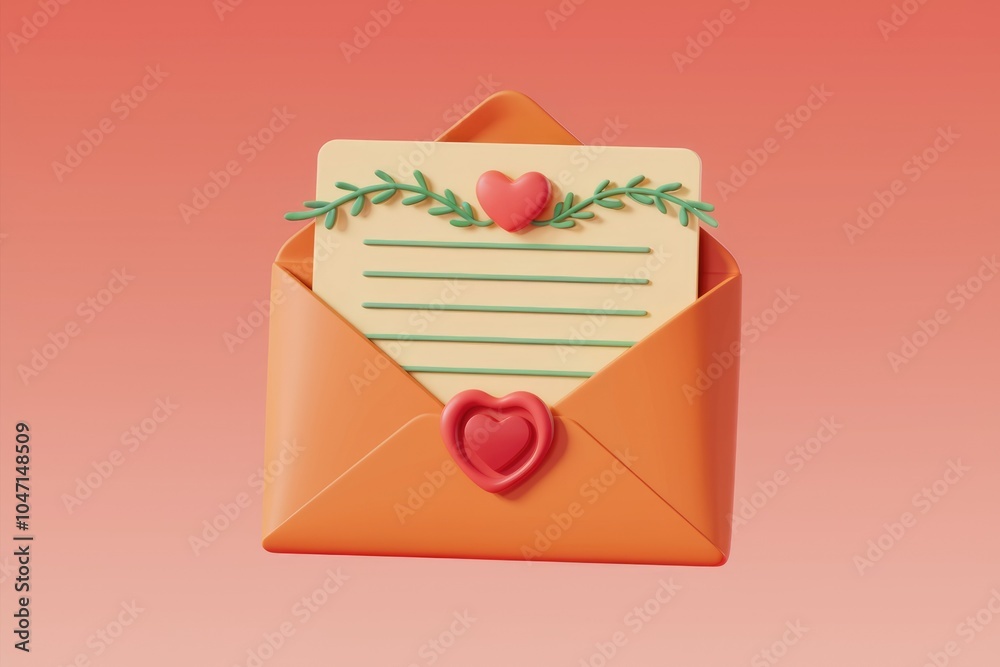 Poster a red envelope with a letter inside decorated with hearts and leaves.