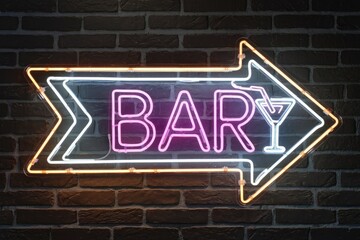 Obraz premium A neon sign with an arrow pointing right reading BAR with a cocktail glass icon.