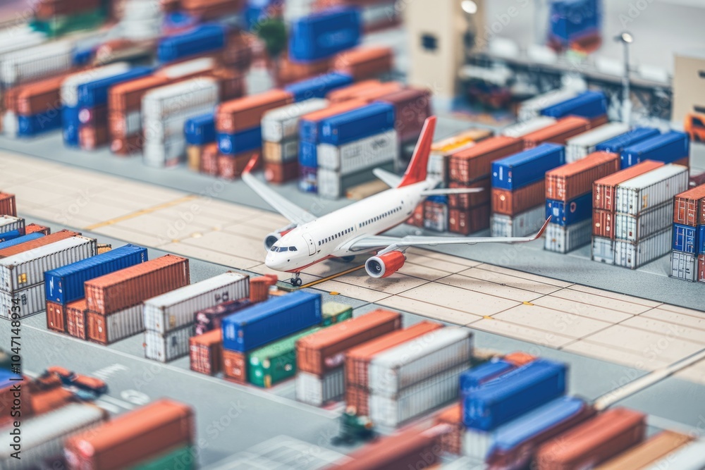 Poster A model airplane on a runway surrounded by shipping containers.