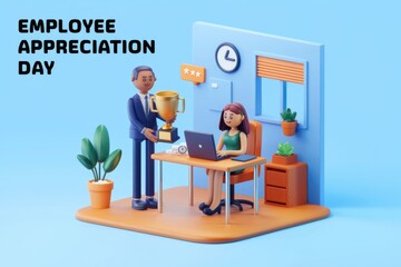 A 3D illustration depicting an employee receiving a trophy for Employee Appreciation Day.