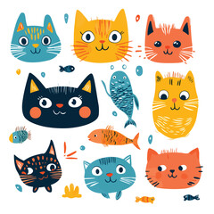 Bright Cat Heads and Fish Illustration for Creative Projects and Designs