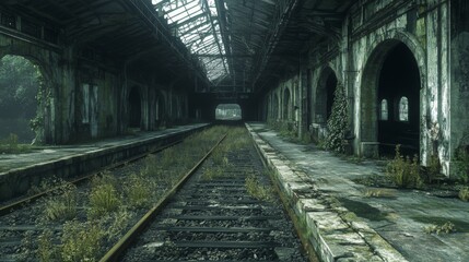 Overgrown Train Station Platform with Tracks and Arches
