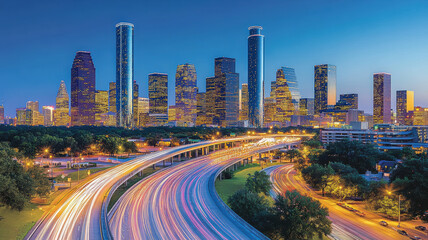 Fototapeta premium High-rise buildings and traffic lights at night