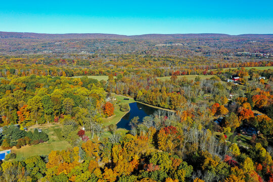 Blairstown NJ Warren County countryside on a bright fall day overlooking farmlands aerial