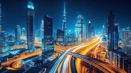 Naklejka premium Cars on the highway with blue and yellow light trails