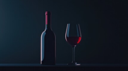 A bottle of red wine stands next to a glass filled with wine, against a dark, moody background, creating an elegant and sophisticated atmosphere.