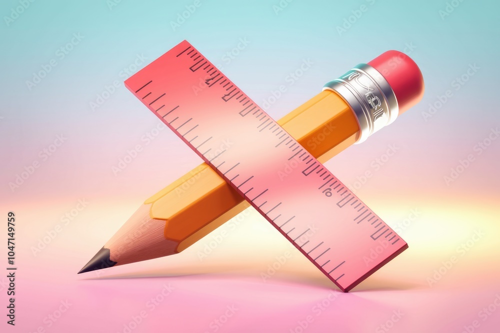 Poster a red ruler and a yellow pencil are crossed over each other.