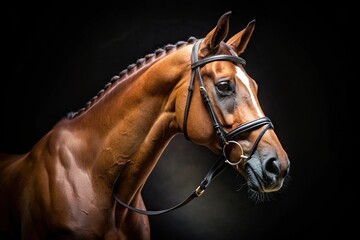 Fototapeta premium studio shot of Holsteiner horse with bridle against black backdrop