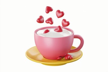 Fototapeta premium A pink cup filled with white liquid and red hearts floating above it.