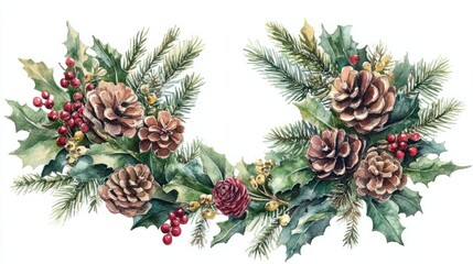 A Captivating Hand-Drawn Watercolor Christmas Holiday Wreath Illustration, Set Against a Crisp White Background for Festive Delight.