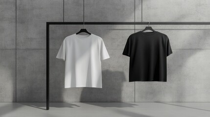 A crisp white t-shirt in sizes XS-XL hangs on a sleek display rack, next to a bold black