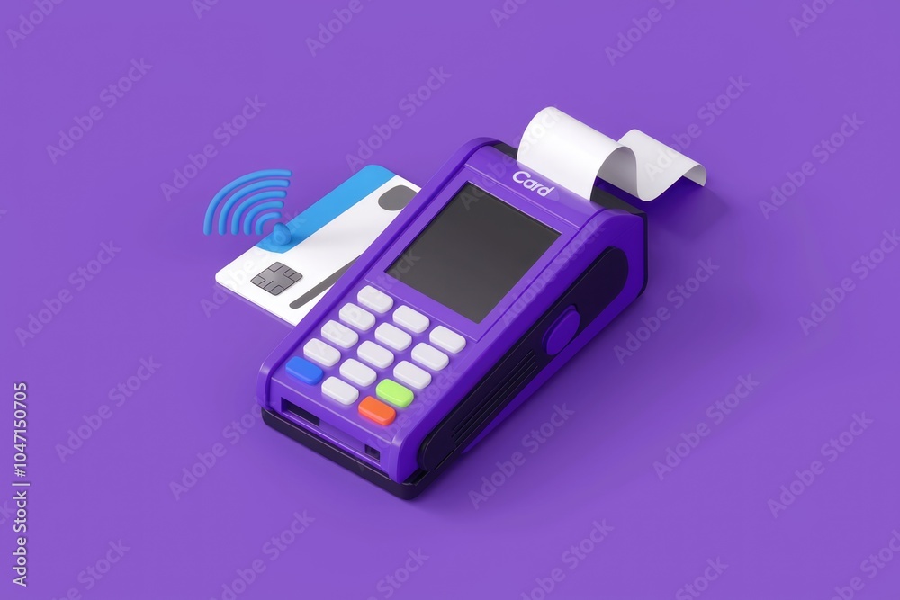 Poster a purple pos terminal with a credit card inserted a receipt printing and a wireless signal icon.