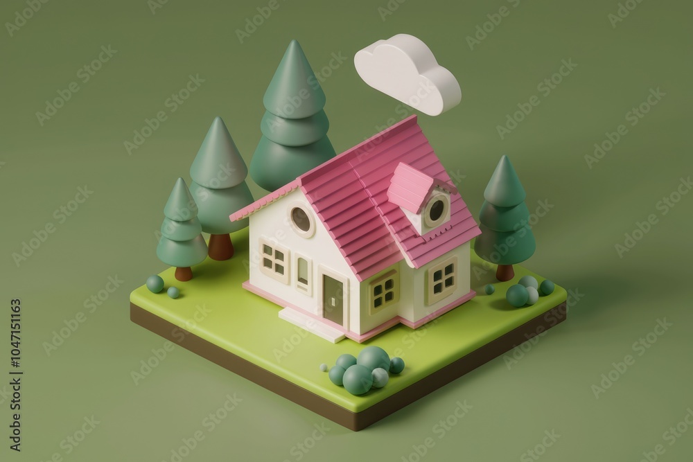 Poster a cute 3d rendered illustration of a small house with a pink roof surrounded by trees and a cloud.