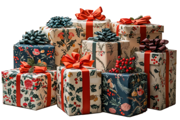 Neatly stacked Christmas presents wrapped in festive paper with ribbons and bows.
