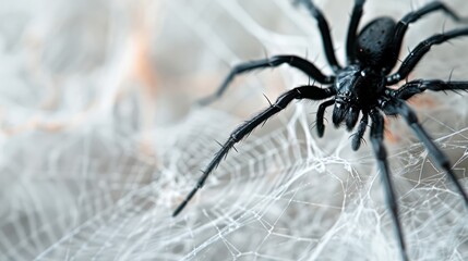Isolated Halloween spiderweb with a black spider hanging from it on a white background