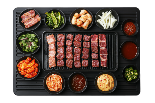Korean BBQ setup with sizzling meats, dipping sauces, and side dishes like kimchi and pickled vegetables