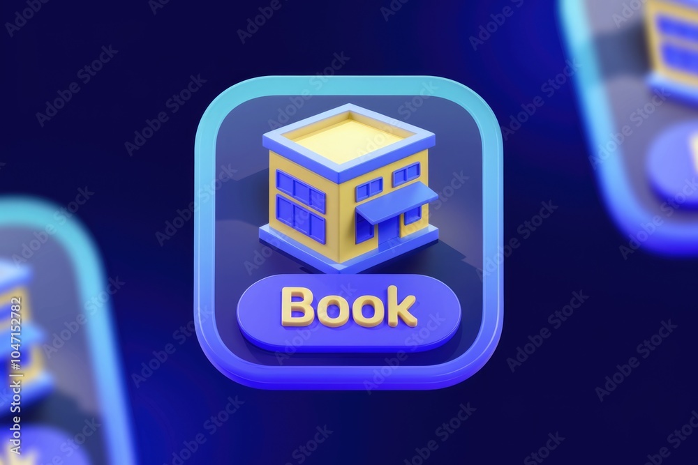 Poster 3D Icon of a small building with a button that says  Book 