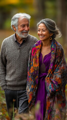 Naklejka premium Joyful Elderly Couple Walking in Morning Forest: Purple Dress and Gray Sweater Harmony