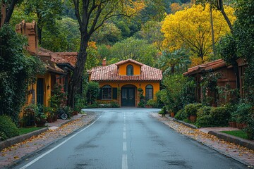 Fototapeta premium A Quaint Yellow House With a Red Tile Roof on a Street Lined With Lush Greenery