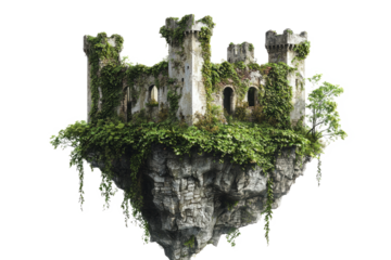 Fantasy-inspired island with an ancient castle ruin, overgrown with ivy, floating gently on a plain white backdrop