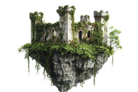 Fantasy-inspired island with an ancient castle ruin, overgrown with ivy, floating gently on a plain white backdrop