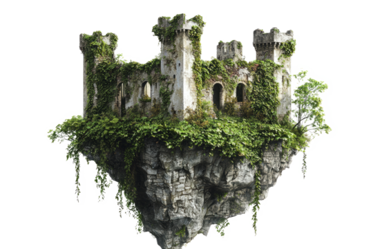 Fantasy-inspired island with an ancient castle ruin, overgrown with ivy, floating gently on a plain white backdrop