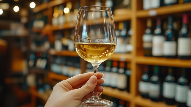 White Wine Tasting in Retail Shop Surrounded by Bottles on Wooden Shelves Display