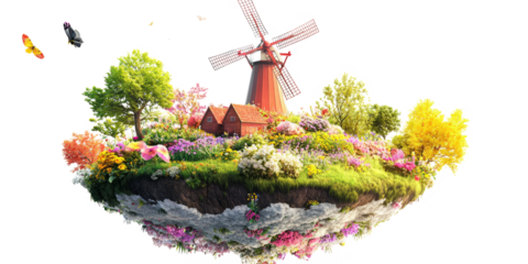Fantasy-themed floating island with a windmill spinning slowly, flowers blooming around, isolated on white backdrop