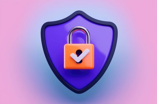 A 3D rendering of a shield with a locked padlock  symbolizing security and protection.