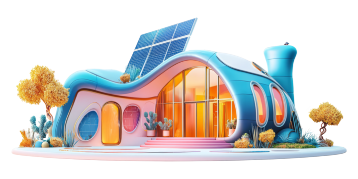 Futuristic house with curved walls and solar panels, on a white background