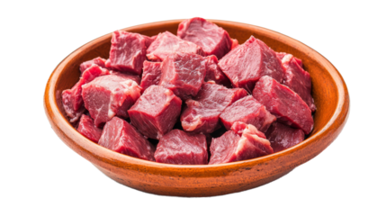 Goat meat cubes, prepared for stew, isolated on white