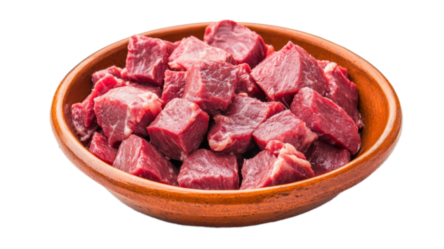 Goat meat cubes, prepared for stew, isolated on white