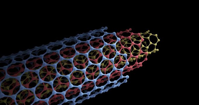 The animation showcases the structure of carbon nanotubes or multi-walled graphene highlighting its hexagonal geometric form in close-up detail. Black background. 3d rendering. Seamless loop.