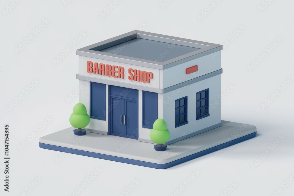 Poster a 3d rendering of a simple cartoon style barber shop building.