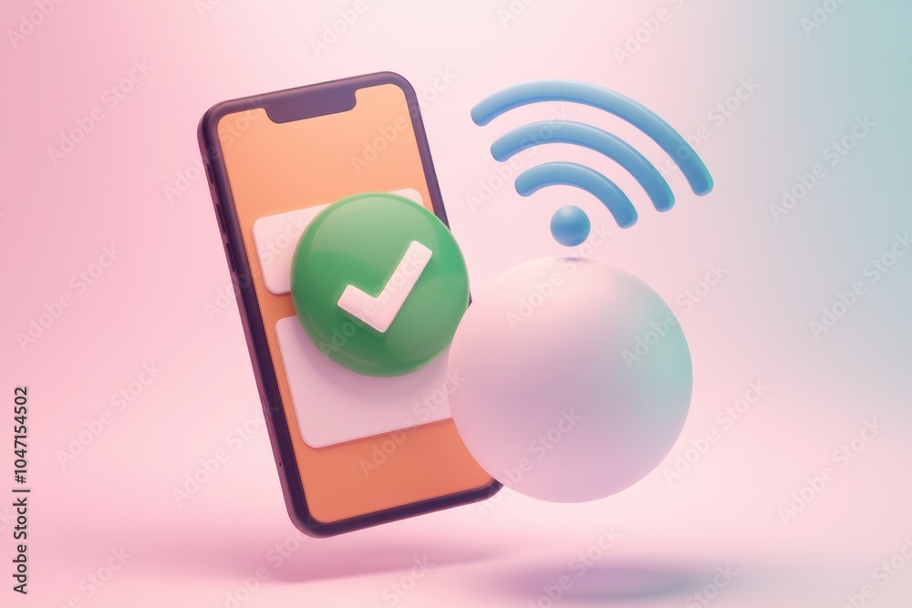 Fototapete a smartphone with a green checkmark icon and a wifi symbol indicating a successful connection.