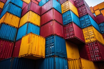 Fototapeta premium Stacked Colorful Shipping Containers in a Storage Yard