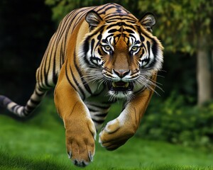 Fototapeta premium Powerful tiger stalking through the lush green foliage